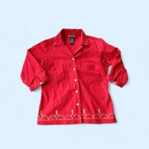 Unique Vintage Jonathan Martin Red Button-Up Shirt with Pretty Embroidered Hem
